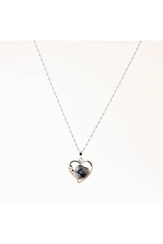 Karlı Obsidyen Doğal Taş Kalpli Kolye, Gümüş Zincir - 1