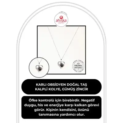 Karlı Obsidyen Doğal Taş Kalpli Kolye, Gümüş Zincir - Doğal Taş (1)