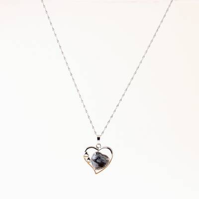 Karlı Obsidyen Doğal Taş Kalpli Kolye, Gümüş Zincir - 2