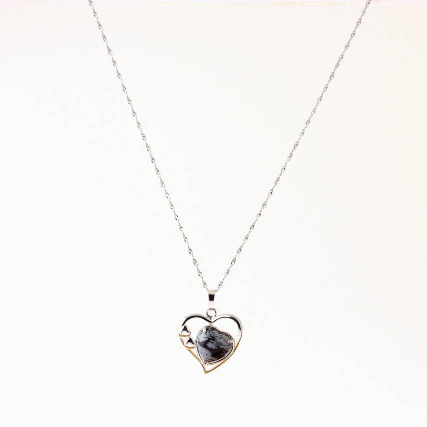 Karlı Obsidyen Doğal Taş Kalpli Kolye, Gümüş Zincir - 2