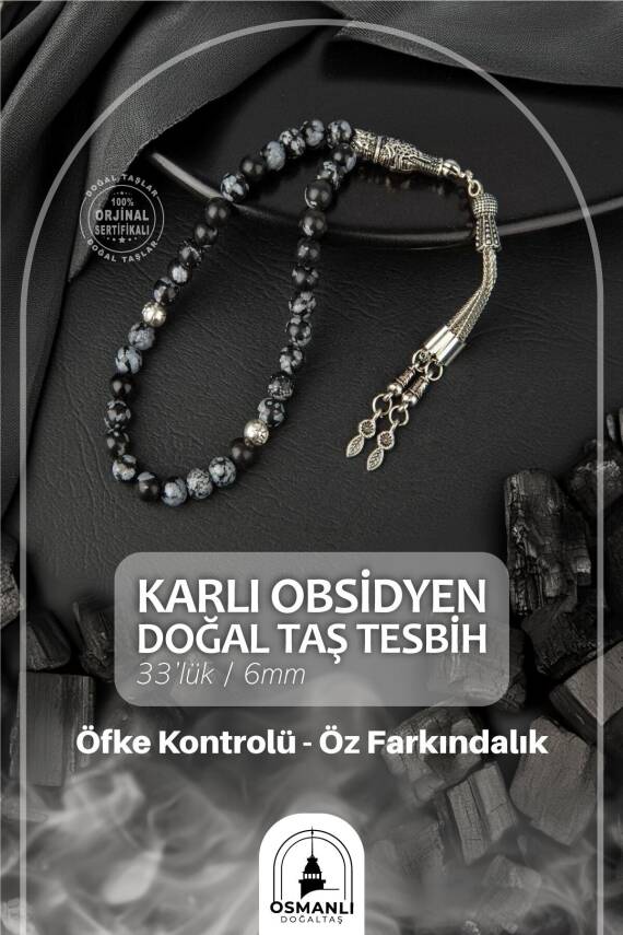 Karlı Obsidyen Doğal Taş Tesbih 33lük - 6mm - 1