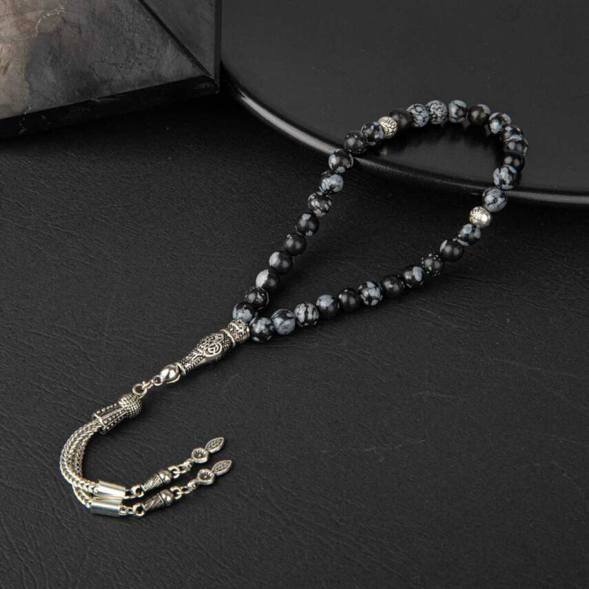 Karlı Obsidyen Doğal Taş Tesbih 33lük - 6mm - 2
