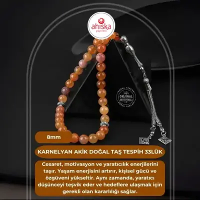 Karnelyan Akik Doğal Taş Tesbih 33lük - 8mm - Doğal Taş (1)
