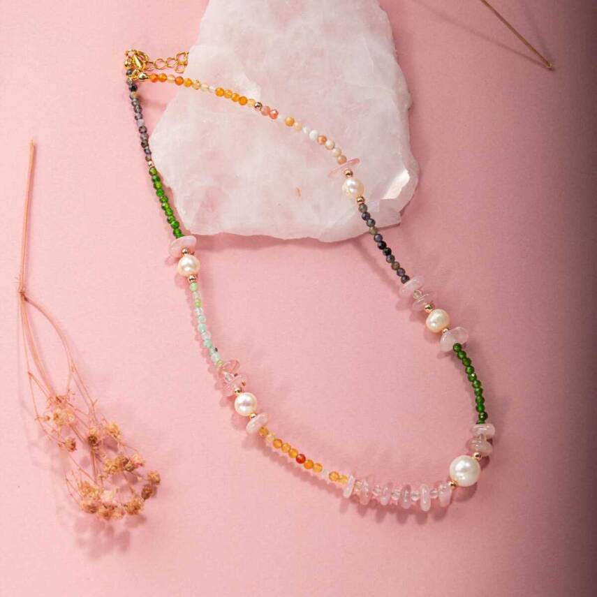 Karnelyan Akik-İyolit-Pembe Opal-İnci-Pembe Kuvars-Hematit-Diopsit-Prehnit Doğal Taş Kolye - 1