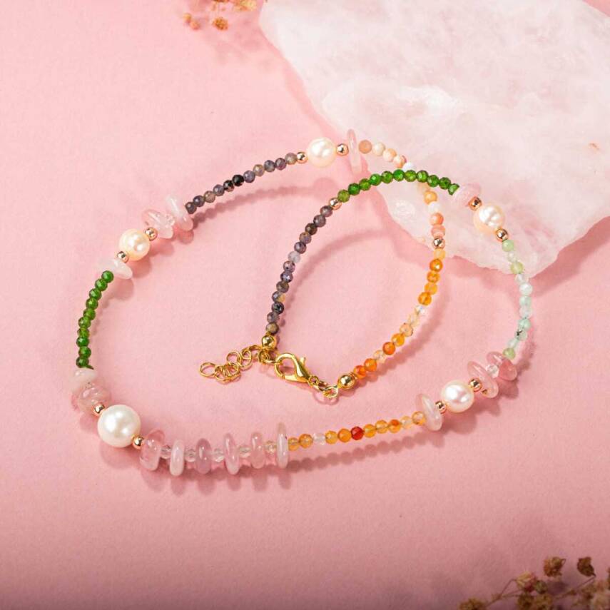 Karnelyan Akik-İyolit-Pembe Opal-İnci-Pembe Kuvars-Hematit-Diopsit-Prehnit Doğal Taş Kolye - 4