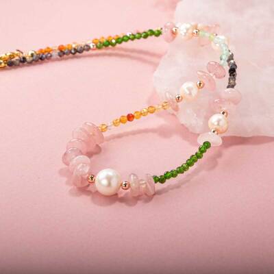 Karnelyan Akik-İyolit-Pembe Opal-İnci-Pembe Kuvars-Hematit-Diopsit-Prehnit Doğal Taş Kolye - 5