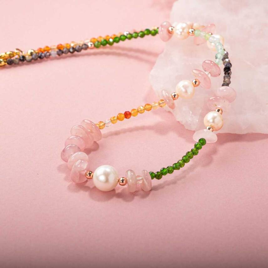 Karnelyan Akik-İyolit-Pembe Opal-İnci-Pembe Kuvars-Hematit-Diopsit-Prehnit Doğal Taş Kolye - 5