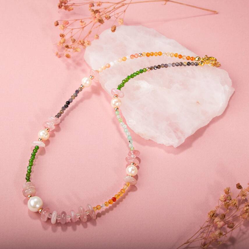 Karnelyan Akik-İyolit-Pembe Opal-İnci-Pembe Kuvars-Hematit-Diopsit-Prehnit Doğal Taş Kolye - 2