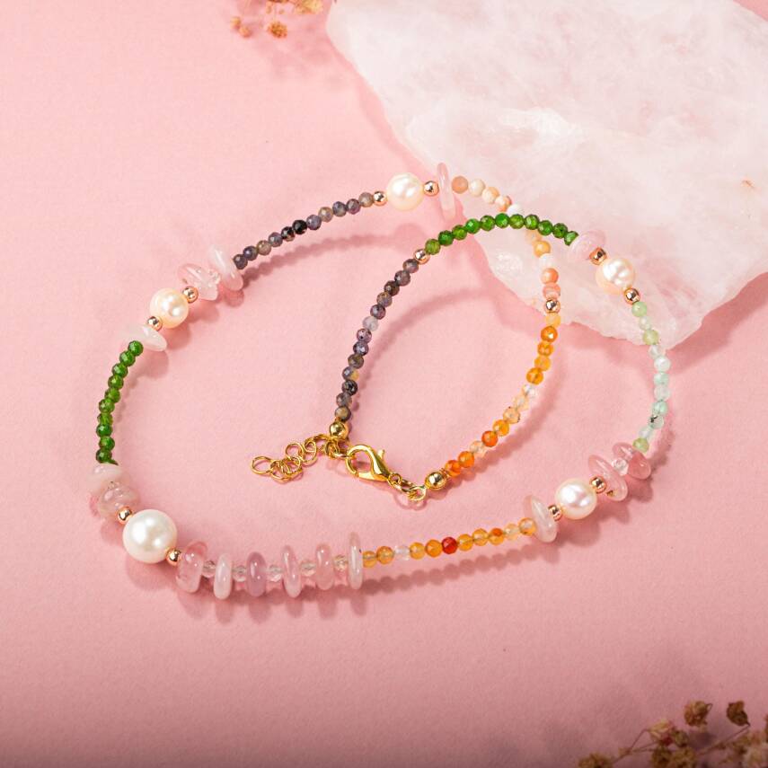 Karnelyan Akik-İyolit-Pembe Opal-İnci-Pembe Kuvars-Hematit-Diopsit-Prehnit Doğal Taş Kolye - 3