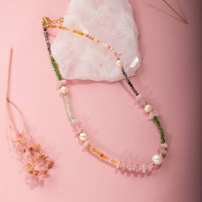 Karnelyan Akik-İyolit-Pembe Opal-İnci-Pembe Kuvars-Hematit-Diopsit-Prehnit Doğal Taş Kolye - 4