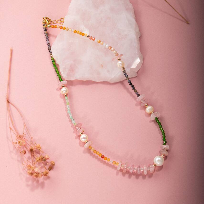 Karnelyan Akik-İyolit-Pembe Opal-İnci-Pembe Kuvars-Hematit-Diopsit-Prehnit Doğal Taş Kolye - 4