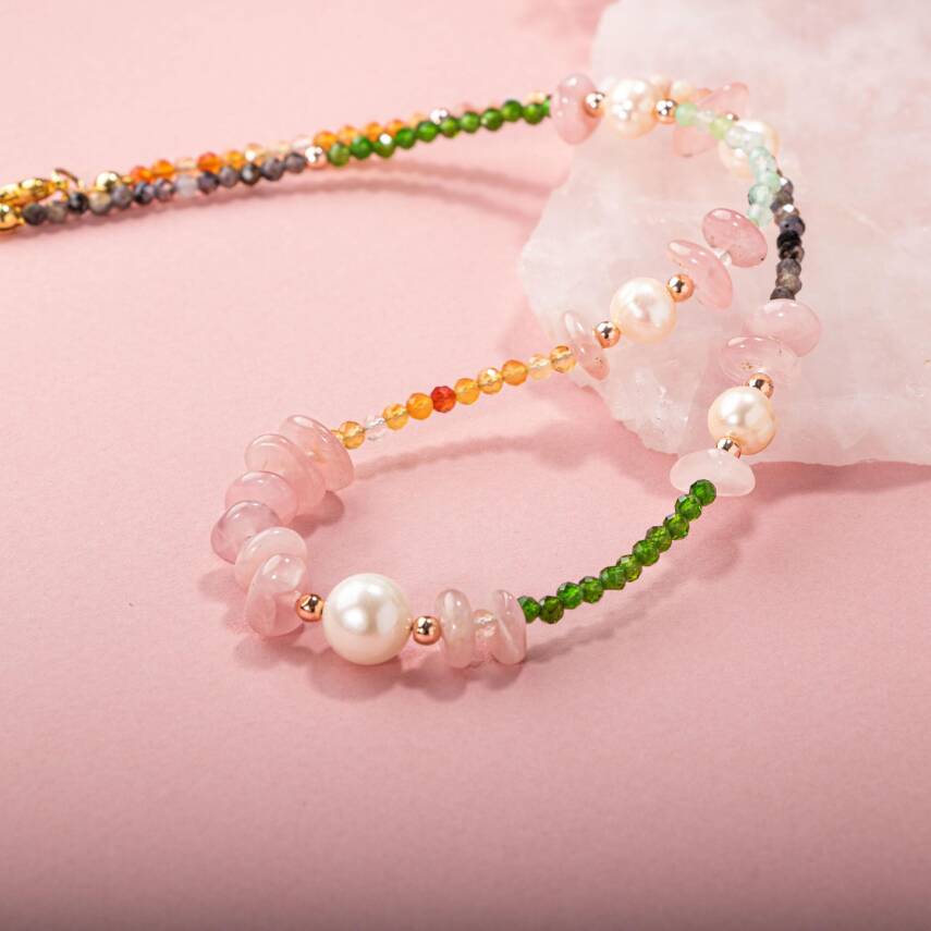 Karnelyan Akik-İyolit-Pembe Opal-İnci-Pembe Kuvars-Hematit-Diopsit-Prehnit Doğal Taş Kolye - 5