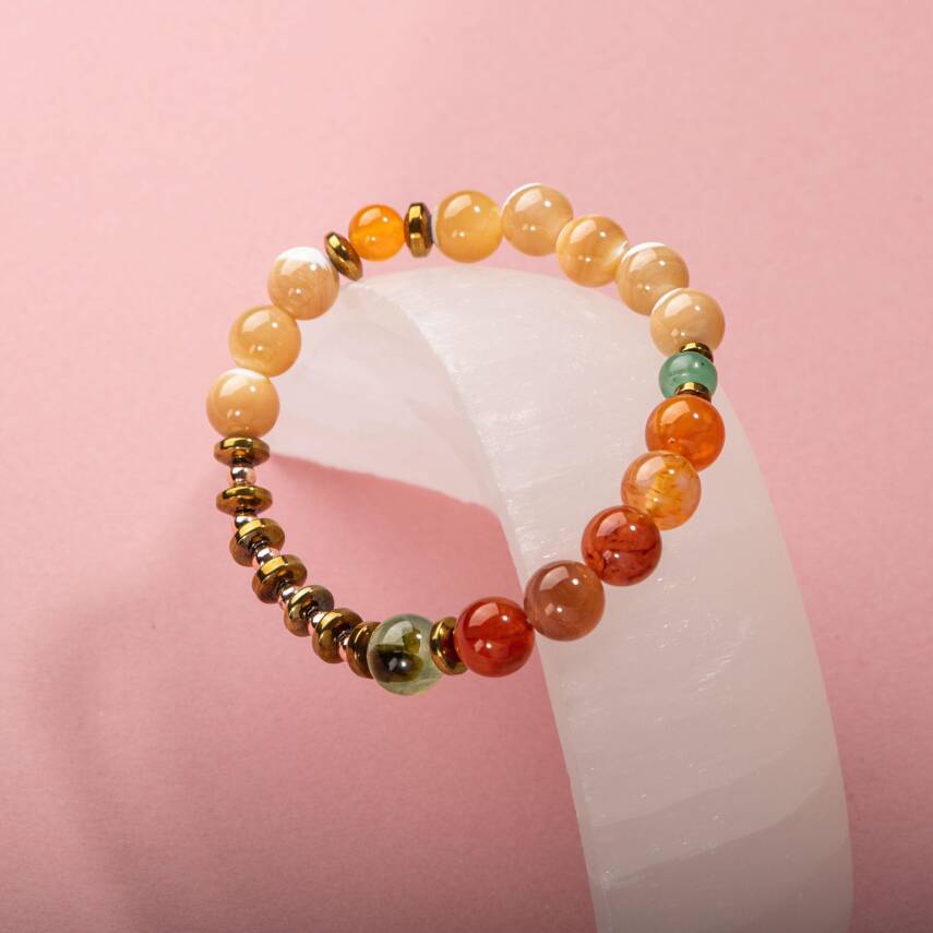 Karnelyan Akik-Turuncu Aventurin-Pehnit-Sedef-Hematit Doğal Taş Bileklik - 2