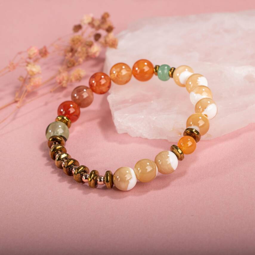 Karnelyan Akik-Turuncu Aventurin-Pehnit-Sedef-Hematit Doğal Taş Bileklik - 4