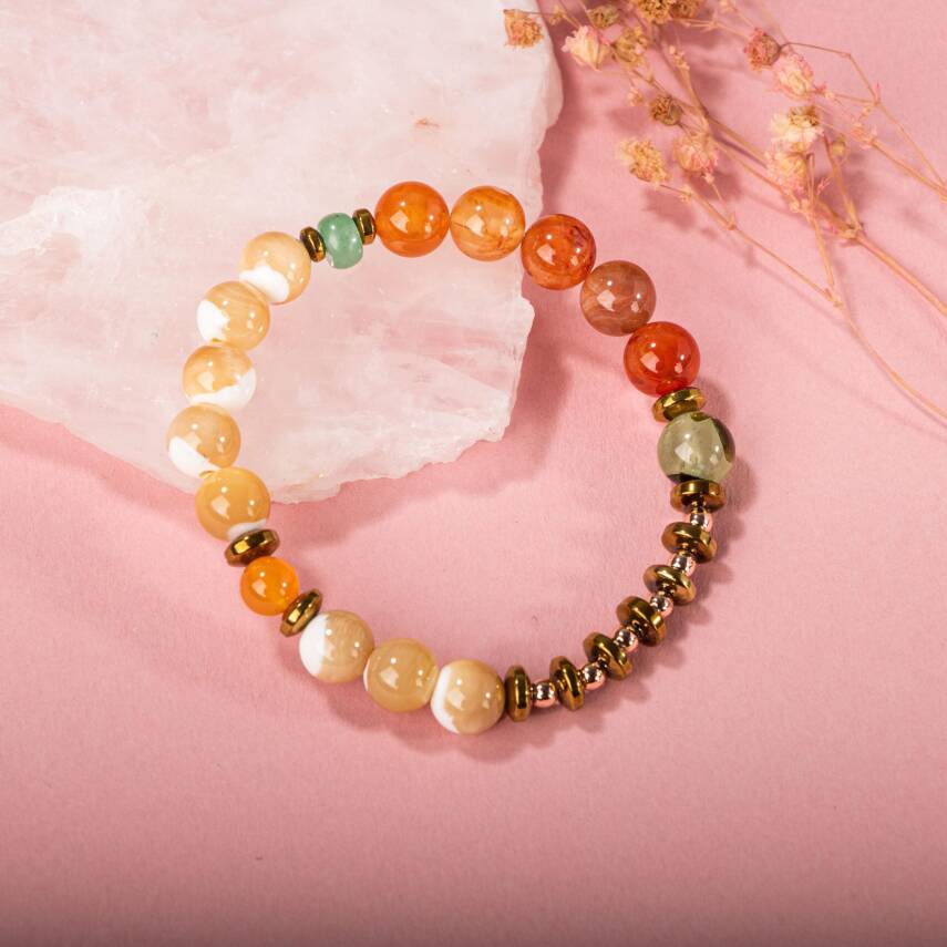 Karnelyan Akik-Turuncu Aventurin-Pehnit-Sedef-Hematit Doğal Taş Bileklik - 5