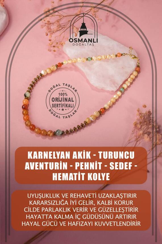 Karnelyan Akik-Turuncu Aventurin-Pehnit-Sedef-Hematit Doğal Taş Kolye - 1