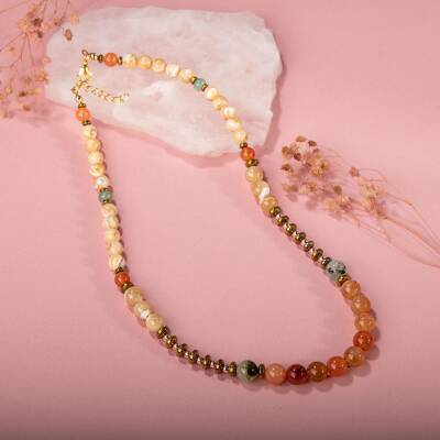 Karnelyan Akik-Turuncu Aventurin-Pehnit-Sedef-Hematit Doğal Taş Kolye - 2