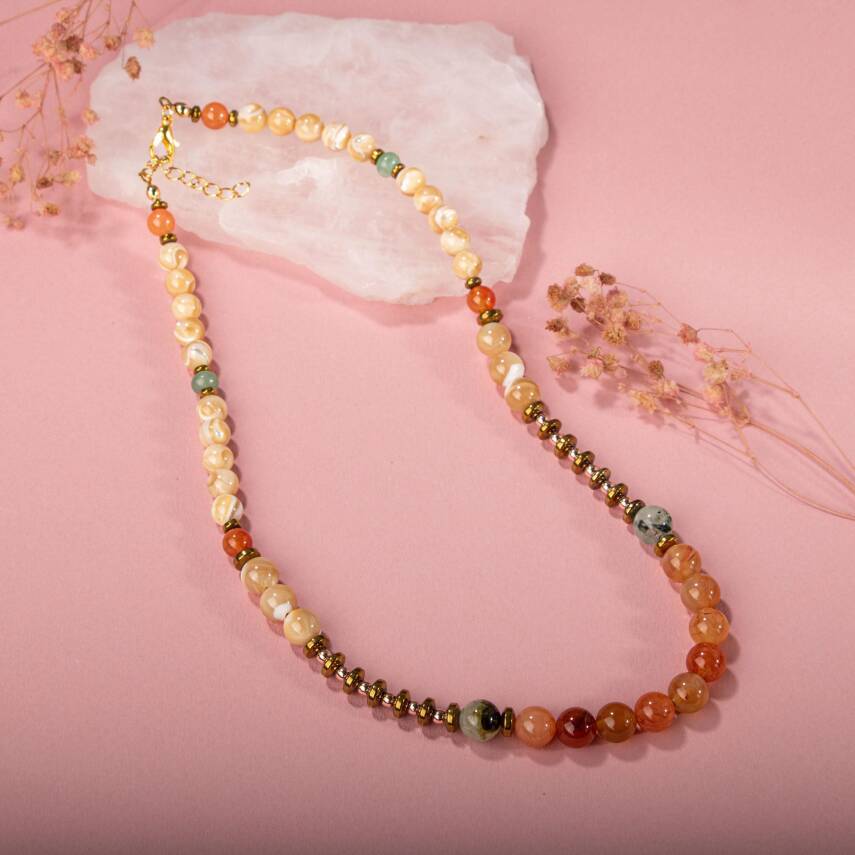 Karnelyan Akik-Turuncu Aventurin-Pehnit-Sedef-Hematit Doğal Taş Kolye - 2