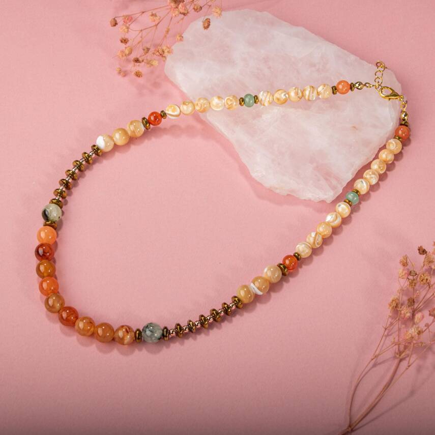 Karnelyan Akik-Turuncu Aventurin-Pehnit-Sedef-Hematit Doğal Taş Kolye - 3