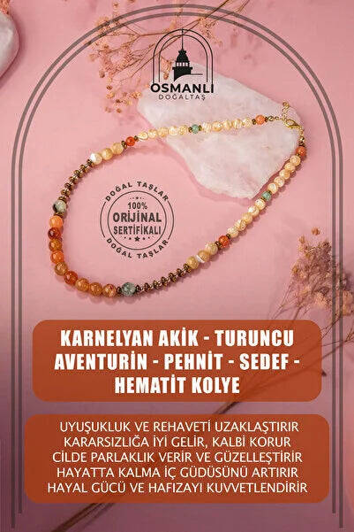Karnelyan Akik-Turuncu Aventurin-Prehnit-Sedef-Hematit Doğal Taş Kolye - 1