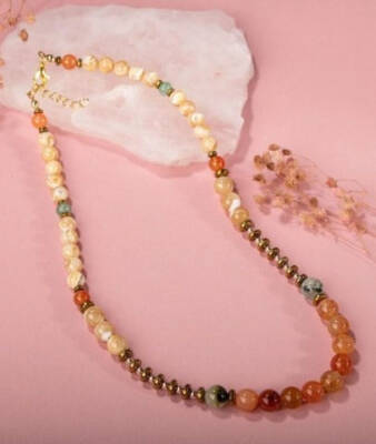 Karnelyan Akik-Turuncu Aventurin-Prehnit-Sedef-Hematit Doğal Taş Kolye - 2