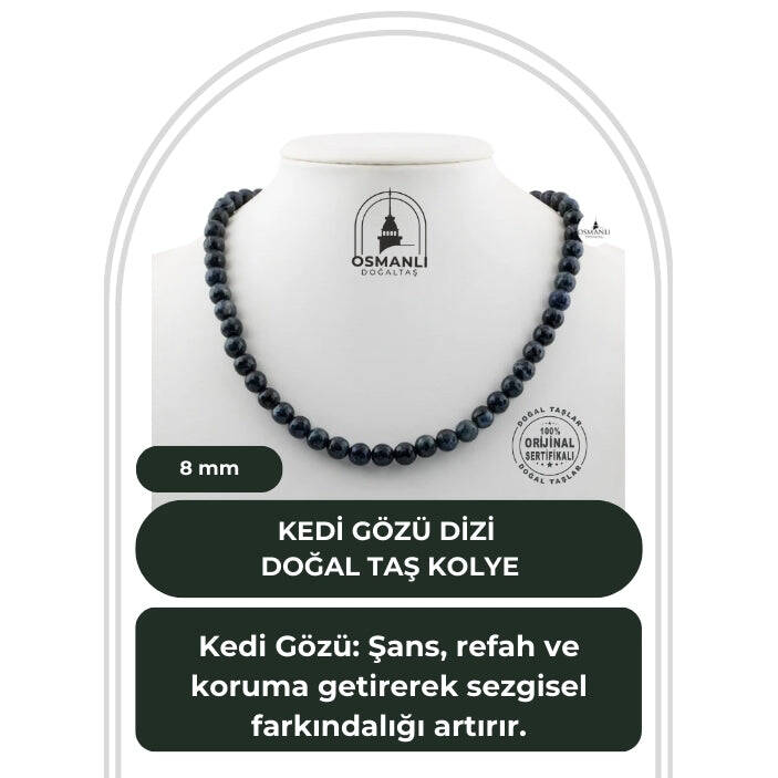 Kedi Gözü 8 mm Dizi Doğal Taş Kolye - 1
