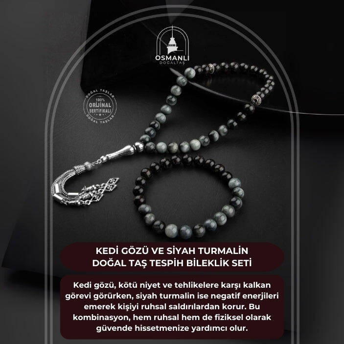 Kedi Gözü-Siyah Turmalin Doğal Taş Tesbih Bileklik Seti - 1