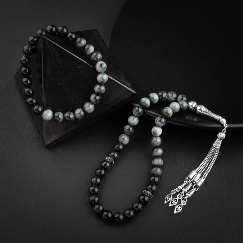 Kedi Gözü-Siyah Turmalin Doğal Taş Tesbih Bileklik Seti - 1