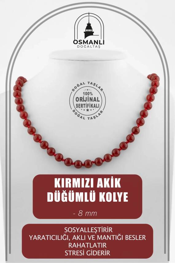 Kırmızı Akik 8 mm Düğümlü Doğal Taş Kolye - 1