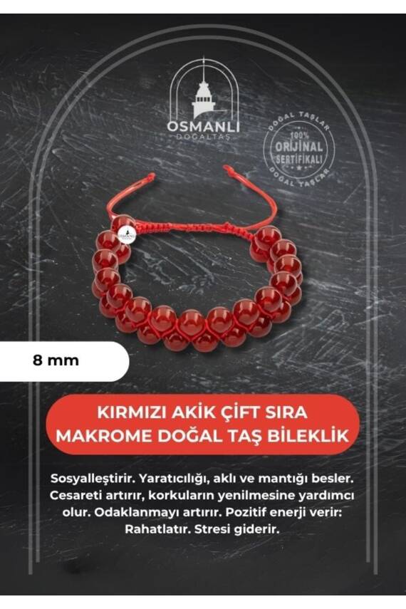 Kırmızı Akik 8mm Çift Sıra Makrome Doğal Taş Bileklik - 1