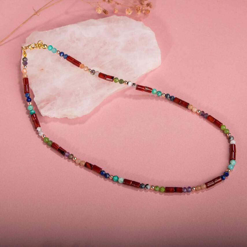 Kırmızı Akik-Ay Taşı-Ametist-Güneş Taşı-Yeşim-Amazonit Doğal Taş Kolye - 1