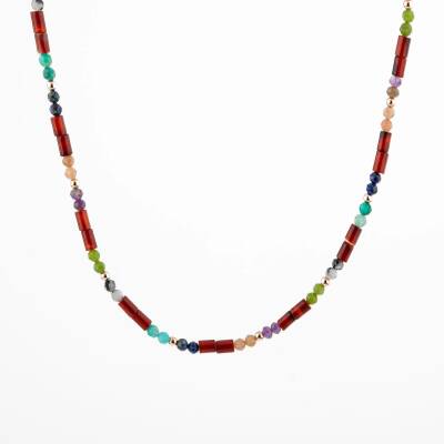 Kırmızı Akik-Ay Taşı-Ametist-Güneş Taşı-Yeşim-Amazonit Doğal Taş Kolye - 3