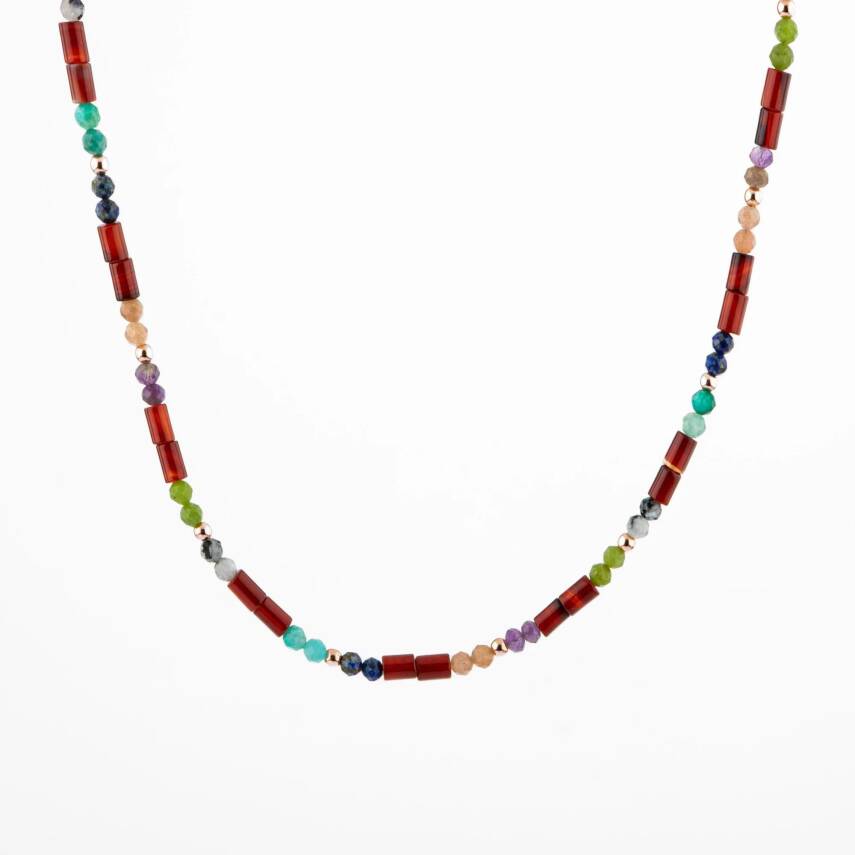 Kırmızı Akik-Ay Taşı-Ametist-Güneş Taşı-Yeşim-Amazonit Doğal Taş Kolye - 3