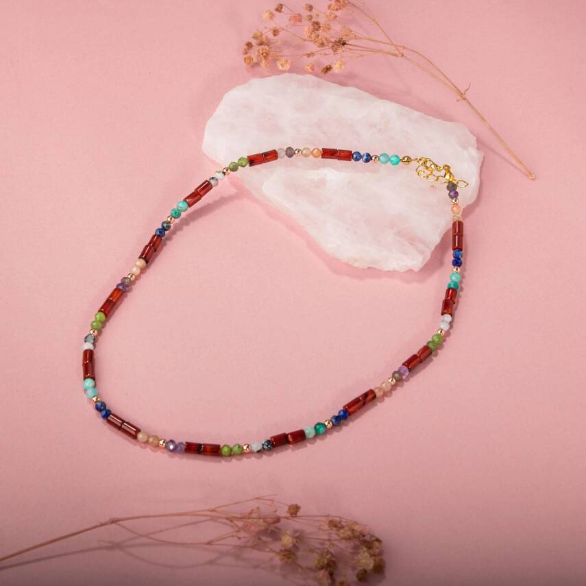 Kırmızı Akik-Ay Taşı-Ametist-Güneş Taşı-Yeşim-Amazonit Doğal Taş Kolye - 4