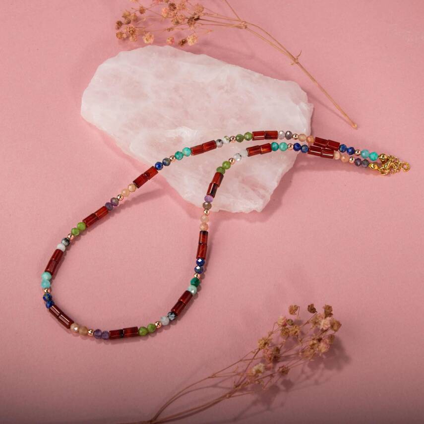 Kırmızı Akik-Ay Taşı-Ametist-Güneş Taşı-Yeşim-Amazonit Doğal Taş Kolye - 5