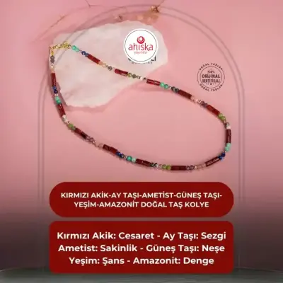 Kırmızı Akik-Ay Taşı-Ametist-Güneş Taşı-Yeşim-Amazonit Doğal Taş Kolye - Doğal Taş (1)