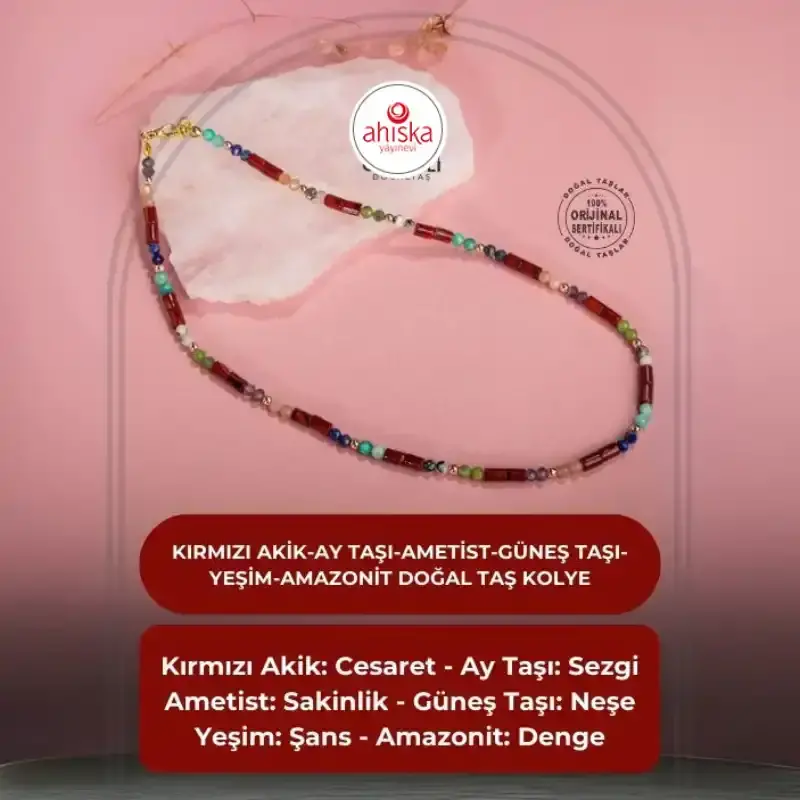 Kırmızı Akik-Ay Taşı-Ametist-Güneş Taşı-Yeşim-Amazonit Doğal Taş Kolye - 2