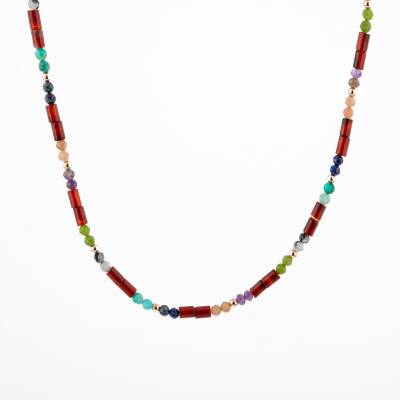 Kırmızı Akik-Ay Taşı-Ametist-Güneş Taşı-Yeşim-Amazonit Doğal Taş Kolye - Osmanlı Doğaltaş