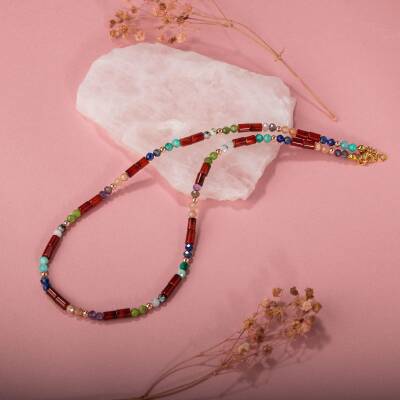 Kırmızı Akik-Ay Taşı-Ametist-Güneş Taşı-Yeşim-Amazonit Doğal Taş Kolye - 2