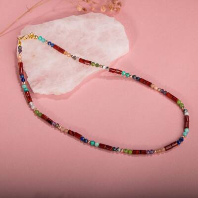 Kırmızı Akik-Ay Taşı-Ametist-Güneş Taşı-Yeşim-Amazonit Doğal Taş Kolye - 3