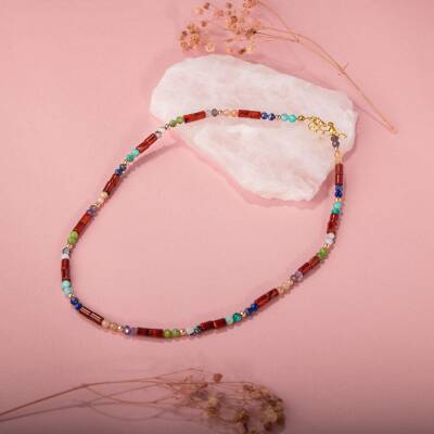 Kırmızı Akik-Ay Taşı-Ametist-Güneş Taşı-Yeşim-Amazonit Doğal Taş Kolye - 4