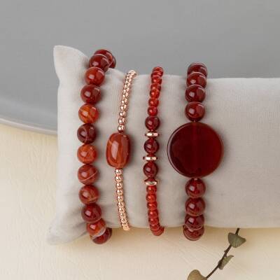 Kırmızı Akik Doğal Taş Kadın Bileklik Seti - 2