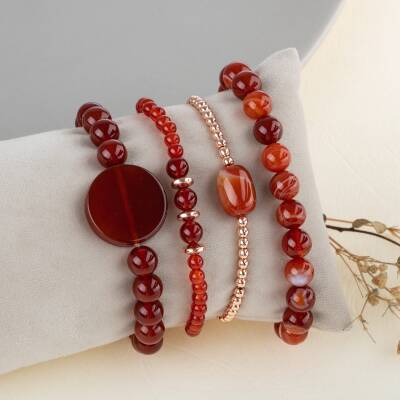 Kırmızı Akik Doğal Taş Kadın Bileklik Seti - 3