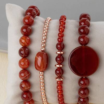 Kırmızı Akik Doğal Taş Kadın Bileklik Seti - 4