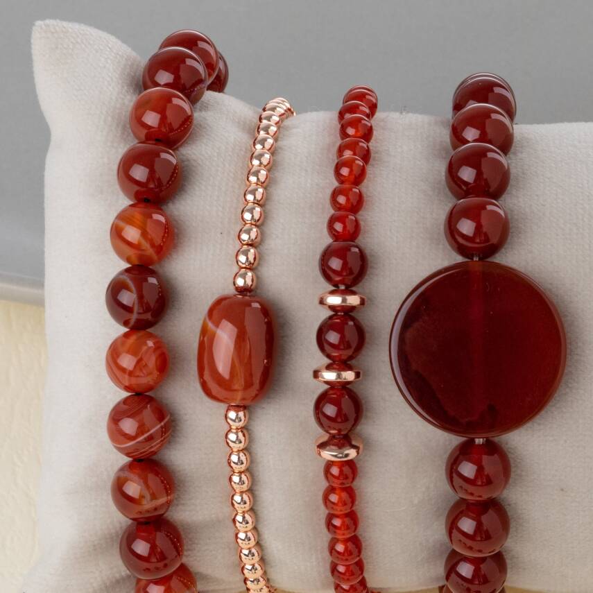 Kırmızı Akik Doğal Taş Kadın Bileklik Seti - 4
