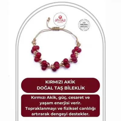Kırmızı Akik Doğal Taş Merdiven Kapama Ayarlanabilir Bileklik - 1