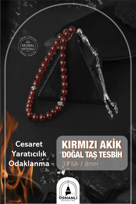 Kırmızı Akik Doğal Taş Tesbih 33lük - 8mm - 1