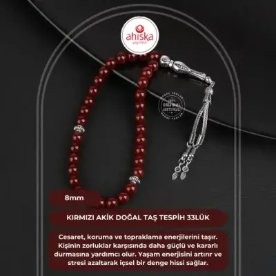 Kırmızı Akik Doğal Taş Tesbih 33lük - 8mm - 1