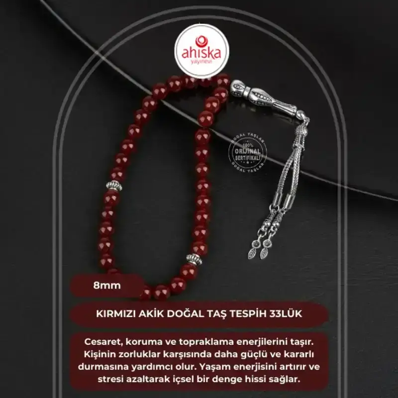 Kırmızı Akik Doğal Taş Tesbih 33lük - 8mm - 1