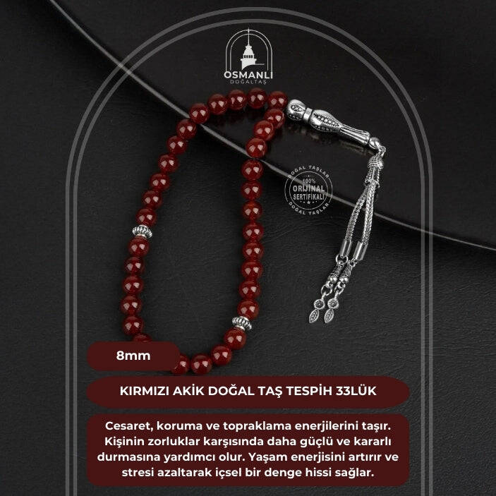 Kırmızı Akik Doğal Taş Tesbih 33lük - 8mm - 2